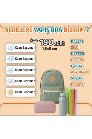 Kapbirhediye Okul Etiketi Isme Özel Kalem Defter Etiketi Bulut Temalı 190 Adet Çok Renkli