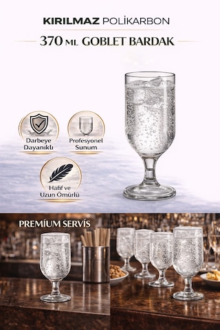 Kırılmaz Polikarbon Goblet Bardak 6 Adet 370 Ml Cam Görünümlü Bira & Kokteyl Kadehi Şeffaf