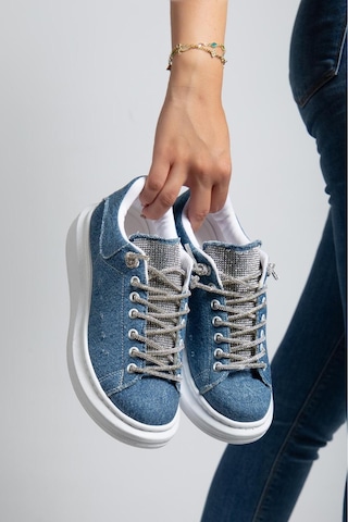 Erceka Taşlı Günlük Kullanıma Uygun Kadın Spor Ayakkabı Sneaker Bağcıklı Su Geçirmez Siyah-beyaz-mavi Taşlımavikot