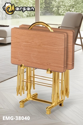Eranş Serisi 4'lü Katlanır Mdf Mebran Ahşap Çanta Zigon Sehpa Gold Ayak Atlantik Çam Desen Gold Ayakk