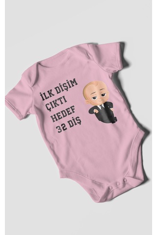 Morivokids İlk Dişim Çıktı Hedef 32 Diş Kısa Kollu Bebek Body Koyu Pembe