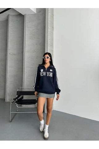 Yarım Fermuarlı Newyork Yazılı Sweat Lacivert