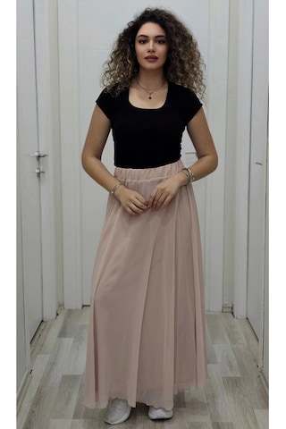 Bel Lastikli Kloş Şifon Etek 6003-pudra Pudra