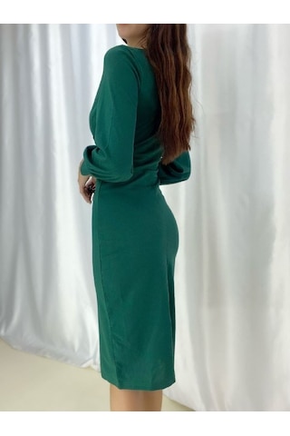 Kadın Kruvaze Yaka Balon Kol Midi Boy Elbise Bediva 001