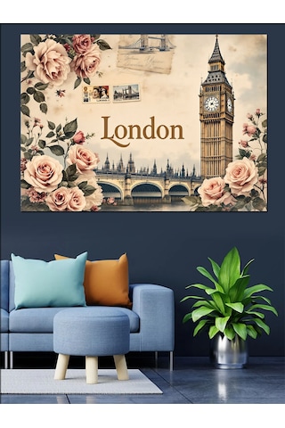 Güller Ve Londra Big Ben Dekoratif Kanvas - Mdf Ahşap Tablo