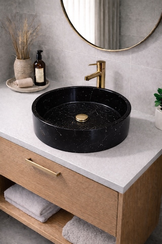 Mermer Desenli Tezgah Üstü Yuvarlak Çanak Taş Lavabo 45 Cm Siyah