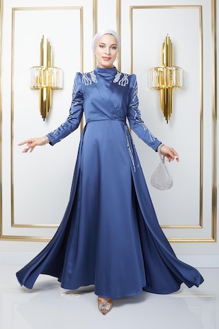 Olcay Önü Ve Kolları Pul Ve Taş Detaylı Saten Abiye Elbise K. İndigo 1660