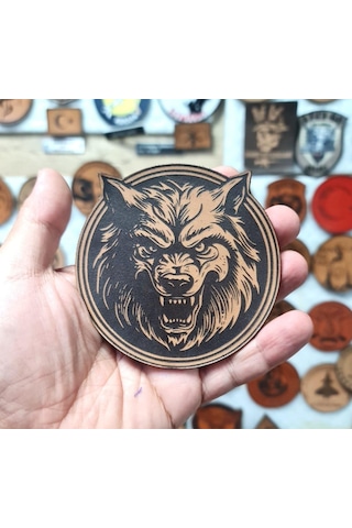 Vahşi Kurt -yuvarlak Deri Peç - Arma - Wolf Leather Patch Bej