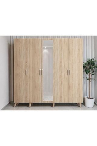 Alara Tamamı Mdf Aynalı Portmanto Vestiyer Ayakkabılık Meşe 200 Cm - M12