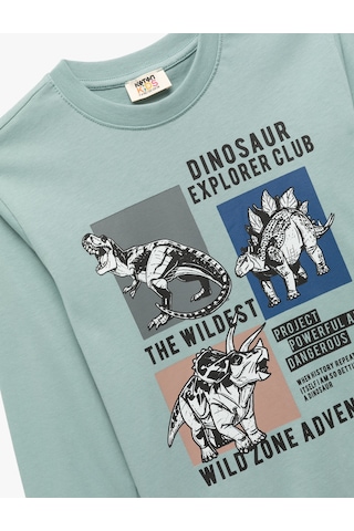 Koton Pamuklu Uzun Kollu Bisiklet Yaka Dinozor Baskılı Tişört Yeşil 7wkb10091tk