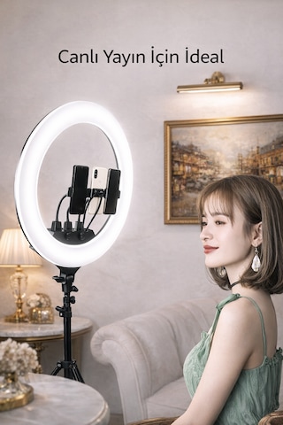 22 Inç Ring Light Mega Boy Döküm Ayaklı Kuaför Makyaj Işığı Youtube Canlı Yayın Led Halka Lüx Siyah