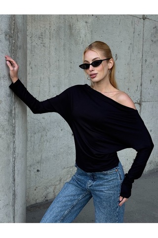Kadın Kayık Yaka Full Esnek Asimetrik Kesim Comfort Spor Şık Tasarım Yumoş Bluz Siyah