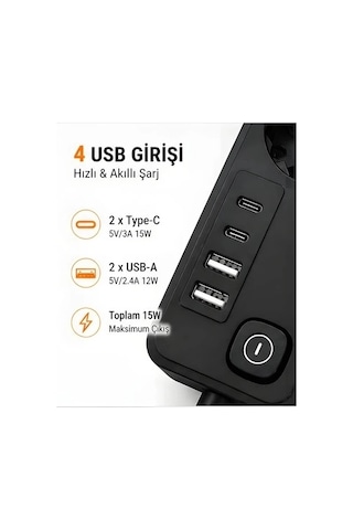 Akım Korumalı 5 Li Priz 2xusb 2xtype-c Çıkış Akım Koruma Çoklu Priz Çoğaltıcı Anahtarlı Ftr-31 Siyah
