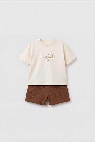Magu Unisex Bebek Pamuklu Ekru Logo Baskılı Tişört Şort Takım Çok Renkli