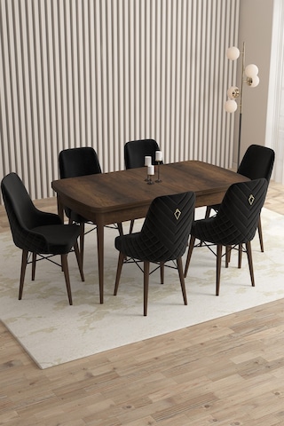 Loft Barok Desen 80x132 Açılabilir Mdf Masa Yemek Odası Takımı, Mutfak Takımı 6 Sandalye Siyah