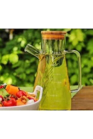 900 Ml Bambu Kapaklı Cam Yağdanlık Sirkelik Süt Saklama Su Sürahisi 0
