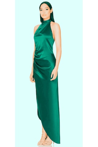 Hanife Glam Couture Hanife Glam Halter Yaka Asetat Saten Elbise Zümrüt