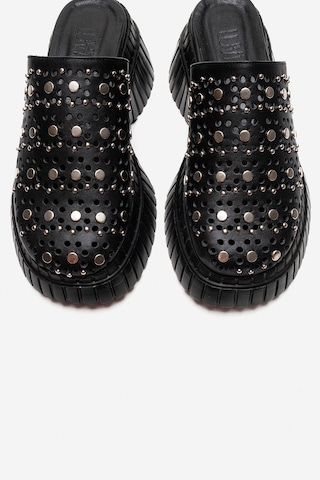 Luvishoes Harlow Siyah Cilt Hakiki Deri Troklu Kadın Dolgu Tabanlı Terlik