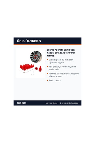Trobus Sökme Aparatlı Sivri Bijon Kapağı Seti 20 Adet 19 Mm Kırmızı