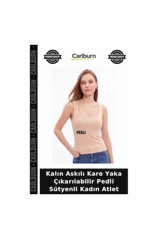 Carlburn Özel Üretim Kalın Askılı Kare Yaka Çıkarılabilir Pedli Sütyenli Kadın Atlet Esnek Kombin Rahat Ten