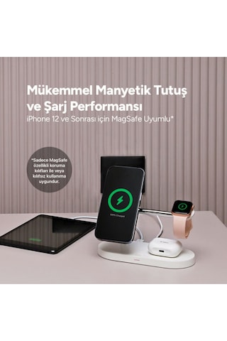 Ttec Aircharger Quattro M Magsafe Uyumlu iPhone - Apple Watch - Airpods LED Kablosuz Hızlı Şarj Standı Beyaz