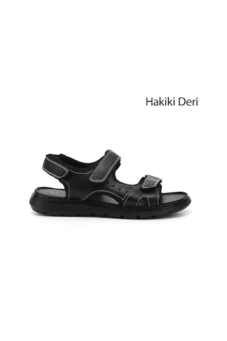 Gönderi R Siyah Ayarlanabilir Cırt Bantlı Hakiki Deri Sandalet Siyah