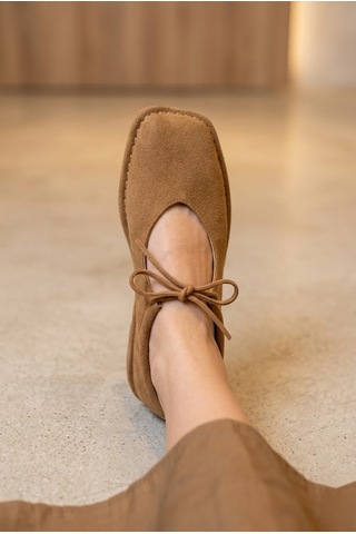 Shoetek Avany Kadın Babet Bağcıklı Taba Süet