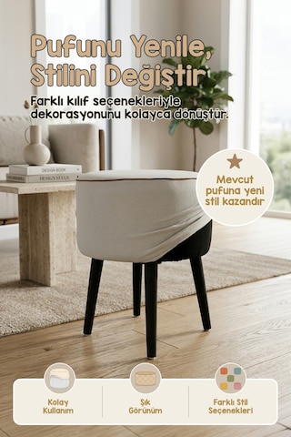 Yıkanabilir Puf Tabure Kılıfı Tak-Çıkar-Değiştir-Yenile Orta Sehpa Kılıfı 40x22 Meek Gri