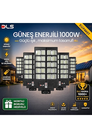 5'li Paket Dls 1000w Güneş Enerjili Solar Sokak Lambası Hareket Sensörlü Led Bahçe Aydınlatması