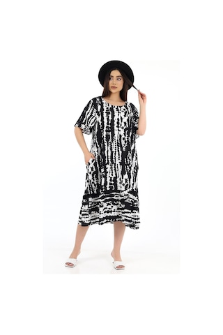 Schık Kadın Viskon Yarım Kol O Yaka Cepli Fırfırlı Elbise Siyah Siyah