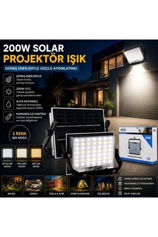 Jenerik 200w Güneş Enerjili Led Projektör - Kamp & Dış Mekan