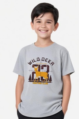 Panios Kids Hunting Club Baskılı Erkek Çocuk Yuvarlak Yaka Kısa Kollu T-shirt Gri