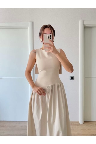 Krep Arkası Kanat Arka Ön Pens Detaylı Uzun Kadın Elbise - Bej Bej