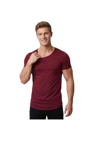 Deepsea Erkek Bordo Geniş Yaka Likralı Tişört Oval Yaka Slim Fit Eteği Oval Açık Yaka T-shirt 1801199 Bordo