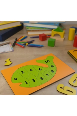 Eğitici Ahşap Balık Puzzle - 10 Parça Rakam Öğretici Oyuncak - Montessori Sayı Puzzle