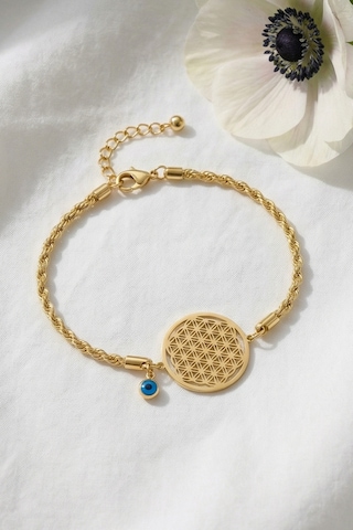 Valmont Accessories Yaşam Çiçeği Nazar Boncuklu 18+5 Cm Ayarlanabilir Altın Sarısı Kadın Çelik Bileklik