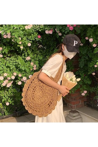 Novahub Koyu Kahverengi Bohem Tarzı Hasır Örgü Plaj Çantası - El Yapımı Omuz Çantası 40cm Koyu Kahverengi