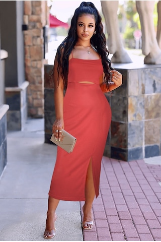 Ergü Gül Kurusu Askılı Pencere Detaylı Yırtmaçlı Midi Boy Kadın Elbise Ergü1521-3