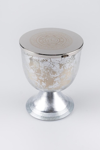 Gümüş Varak Eskitme Ayaklı Cam Mumluk Kokusuz Mum Logo Kapaklı Orta 12x15 Cm