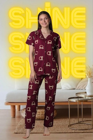 Yazlık Ayıcık Baskılı Kısa Kol Pijama Takımı Yeni Sezon Bordo