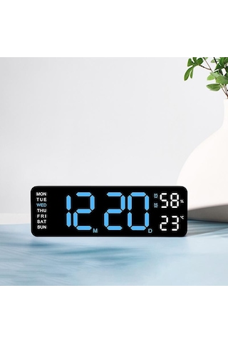 Beyaz & Mavi 9 İnç Büyük Dijital Duvar Saati Sıcaklık Nem Hafta Otomatik Kısılabilir Masa Saati 12/24h Elektronik Led Çalar Saat Fonksiyonu