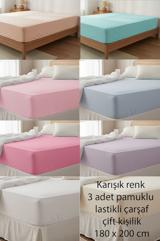 Pamuklu Lastikli Çift Kişilik Çarşaf 3 Adet Karışık Renkli 180x200 Cm Çok Renkli