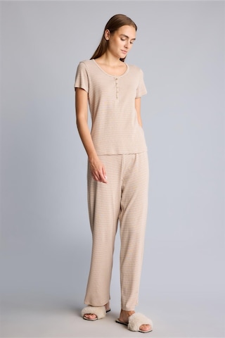 Defacto Regular Fit Çizgili Düğmeli Kısa Kollu 2li Pijama Takımı F9838ax26aubg402 Bej-bg402