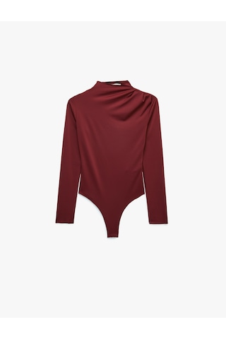Koton Slim Fit Uzun Kollu Drape Detaylı Hafif Dik Yaka Bodysuit Bordo 7wak80008ek