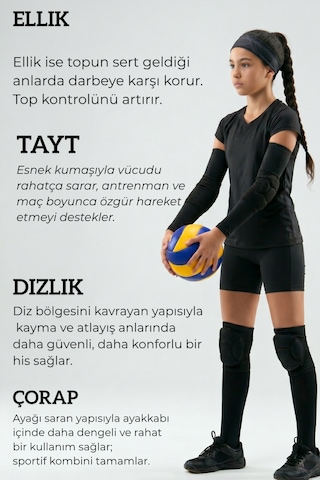 7 Parça Voleybol Seti- Voleybol Dizliği + Voleybol Taytı+ Voleybol Elliği+ Voleybol Çorap Siyah