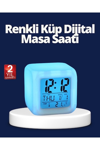 Renk Değiştiren Led Alarmlı Dijital Küp Masa Saati Çok Renkli