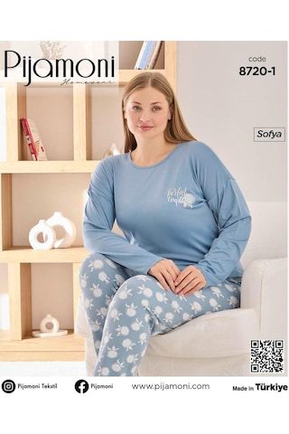 Pijamoni Kadın Sofya Büyük Beden Bisiklet Yaka Uzun Kol İnce Pijama Takımı 8720/1- 1 Adet Mavi