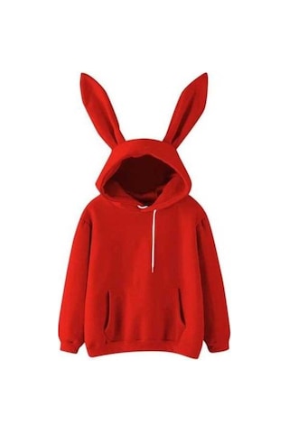 Novahub Kırmızı Kadın Kapüşonlu Sweatshirt - Tavşan Kulak Dekorlu, Uzun Kollu, Rahat Kışlık Üst Kırmızı