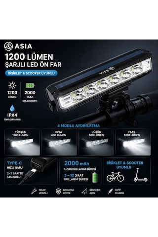 6 Led Bisiklet Farı Elektrikli Scooter Ön Far Çakar Işığı Gidona Bağlantılı Typec Şarjlı 1200 Lümen