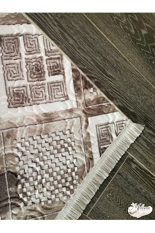 Konak Halı Modern Salon Halısı Kahve Krem Geometrik Kare Desenli Emboss Saçaklı Kahverengi